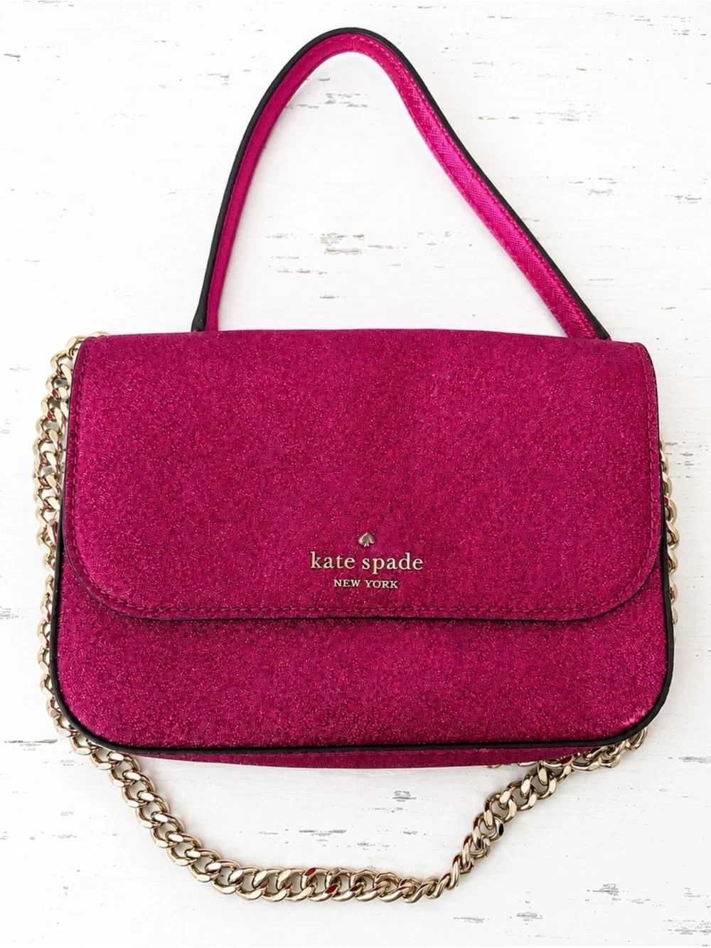 Kate Spade New York Pink Glitter Crossbody Shoulder Bag with Gold Chain Strap